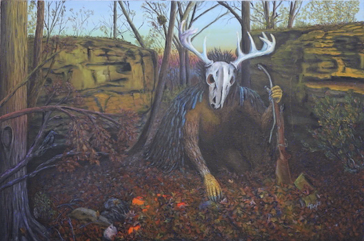 A creature with a deer skull for a head crouches above a fallen hunter covered by leaves, the broken gun in the creature's talons.