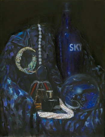 A still life oil painting of jewelry draped amongst a blue bottle, two bottles of perfume, and a blue crystal ball. Blue and pearl hues dominate with red and amber contrasts.