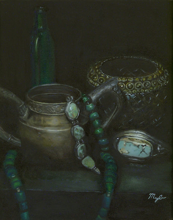 A still life oil painting of jewelry draped amongst a tarnished silver vessel, a green bottle, and a sparkling glass candle bowl. Green and turquoise hues predominate on top of a black background.