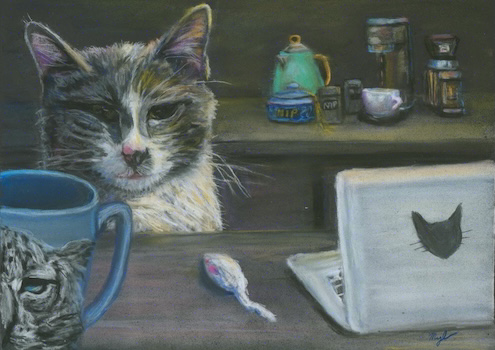 A gray cat with a grumpy look on her face stares out at the viewer, a computer and mug in front of her as she clearly begins her work day.